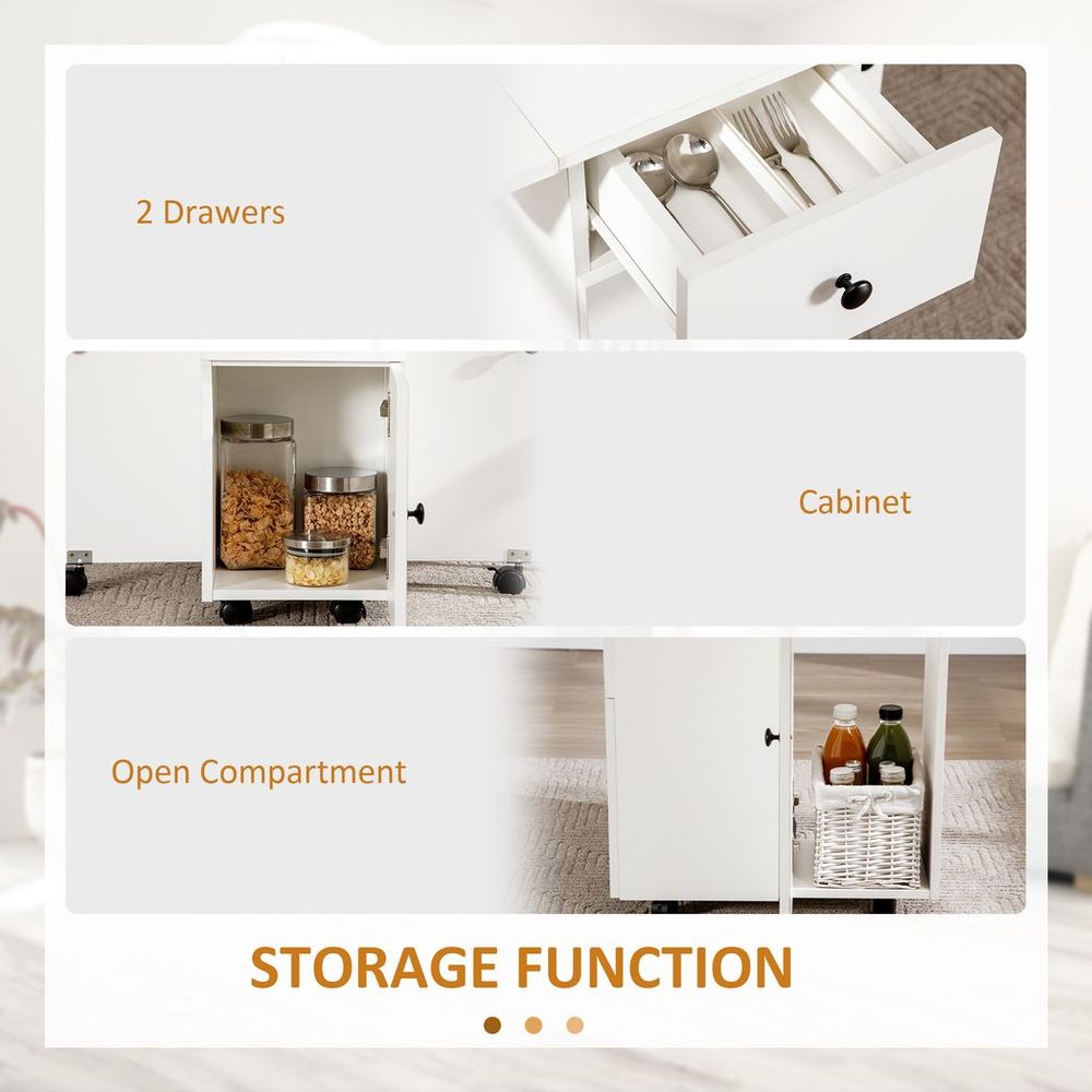 Space-Saving Drop Leaf Dining Table with Storage & Wheels - Versatile White Design