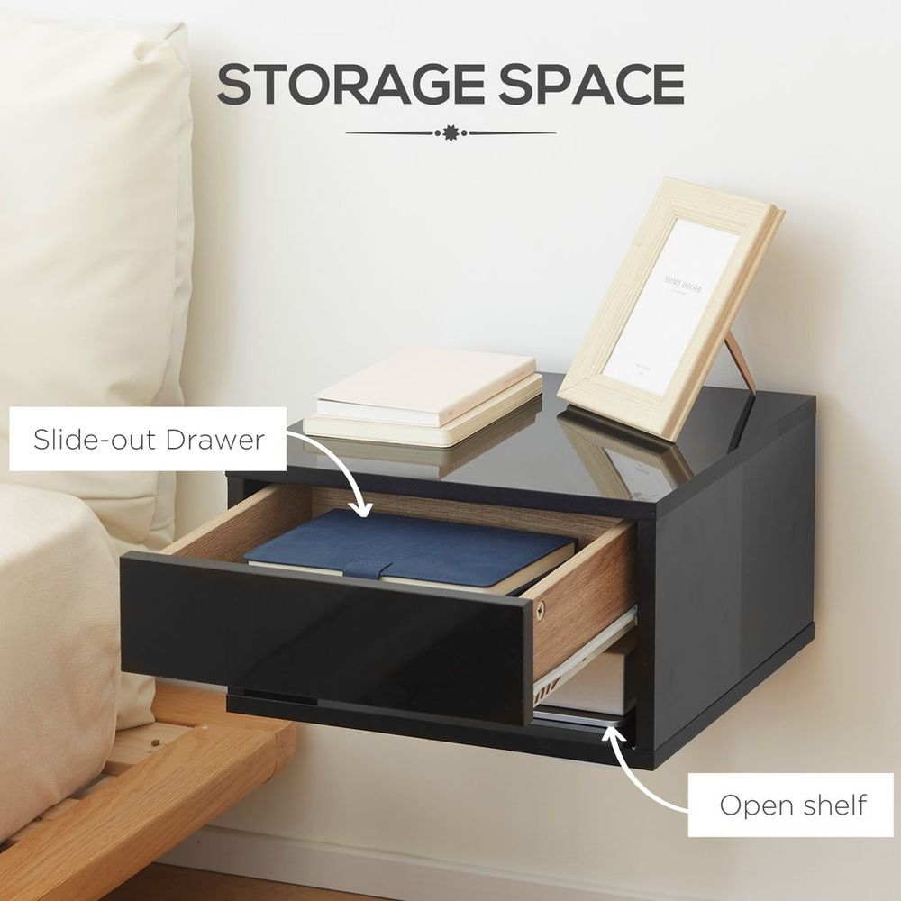 Elegant HOMCOM Wall-Mounted Floating Nightstand Set with Drawer - Black Duo