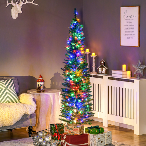 HOMCOM 6ft Pencil Xmas Tree with Colorful LED Lights & Steel Base