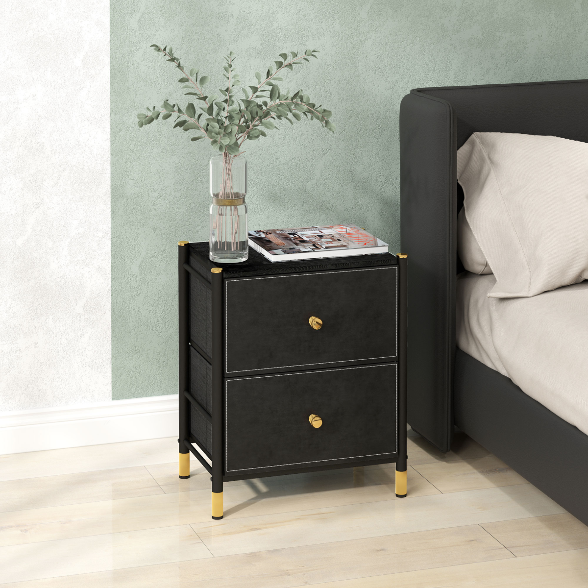 HOMCOM PU Leather Bedside Table with 2 Drawers and Steel Legs, Black