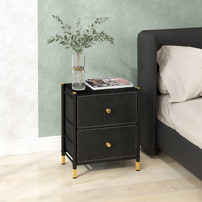 HOMCOM PU Leather Bedside Table with 2 Drawers and Steel Legs, Black
