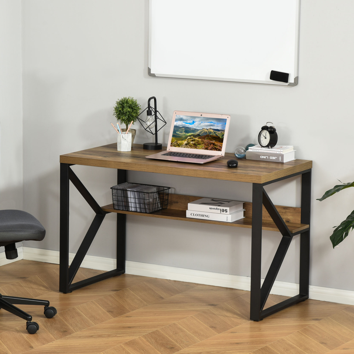 K-Shaped Steel Desk with Storage Shelf – Home Office Computer Table