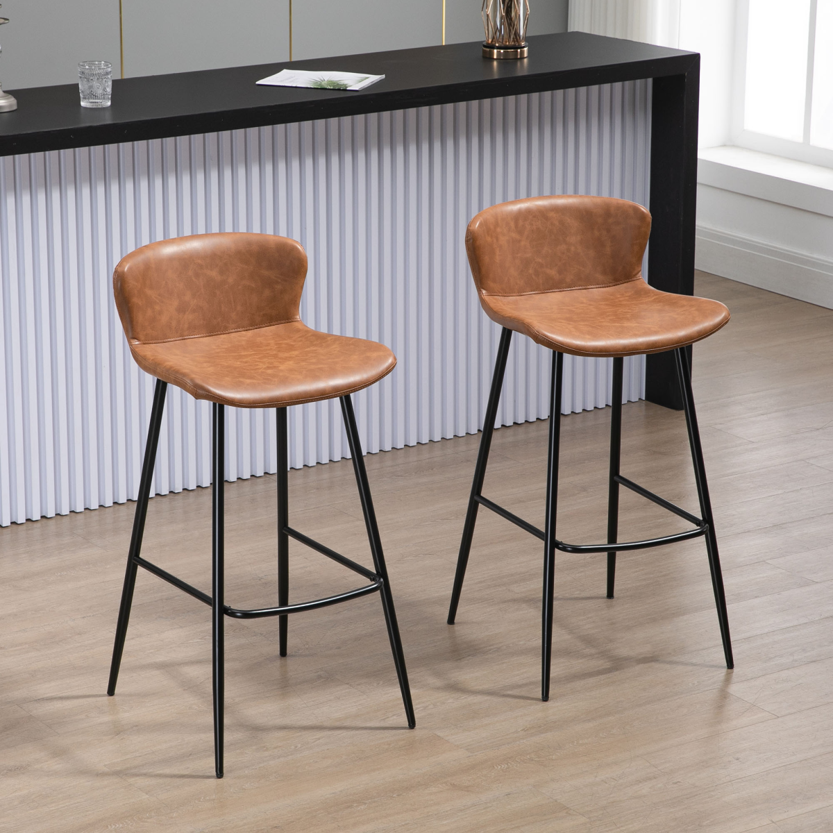 HOMCOM Bar Stools Set of 2, PU Leather Bar Chairs with Back and Steel Legs