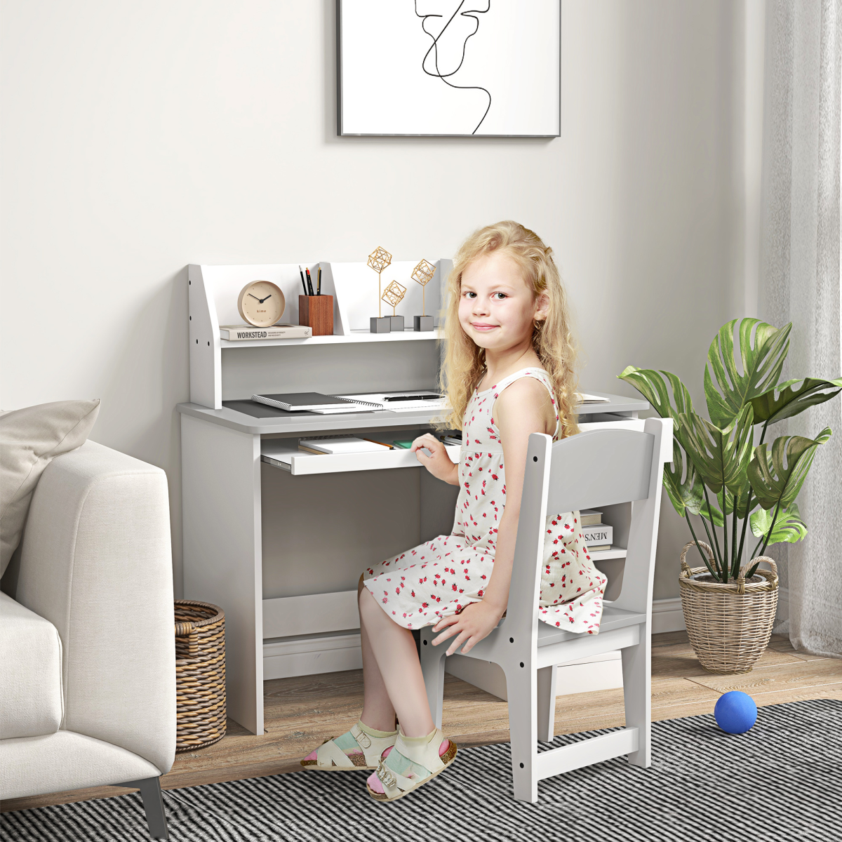 ZONEKIZ Kids Desk & Chair Set with Storage - Grey, Ages 5-8