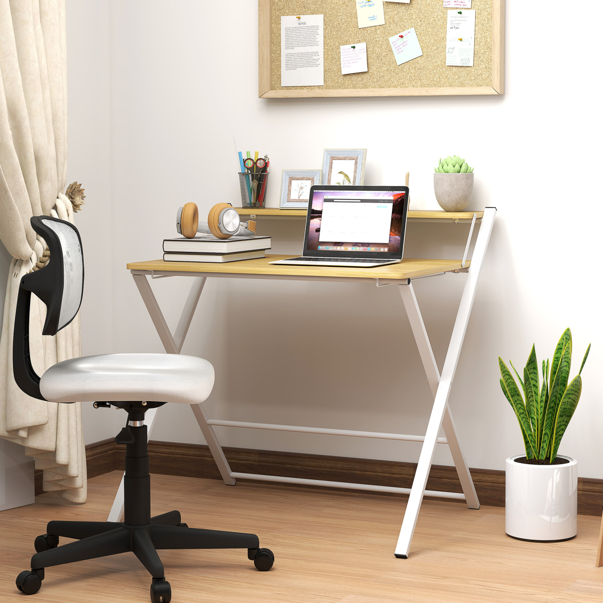 HOMCOM Folding Desk with 2-Tier Shelf - Space-Saving Maple Wood-Effect