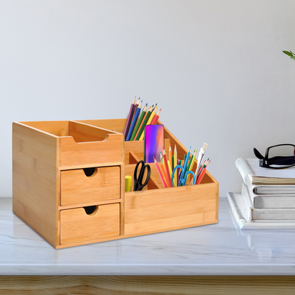 Eco Bamboo Desk Organizer - 2 Drawers, 7 Compartments