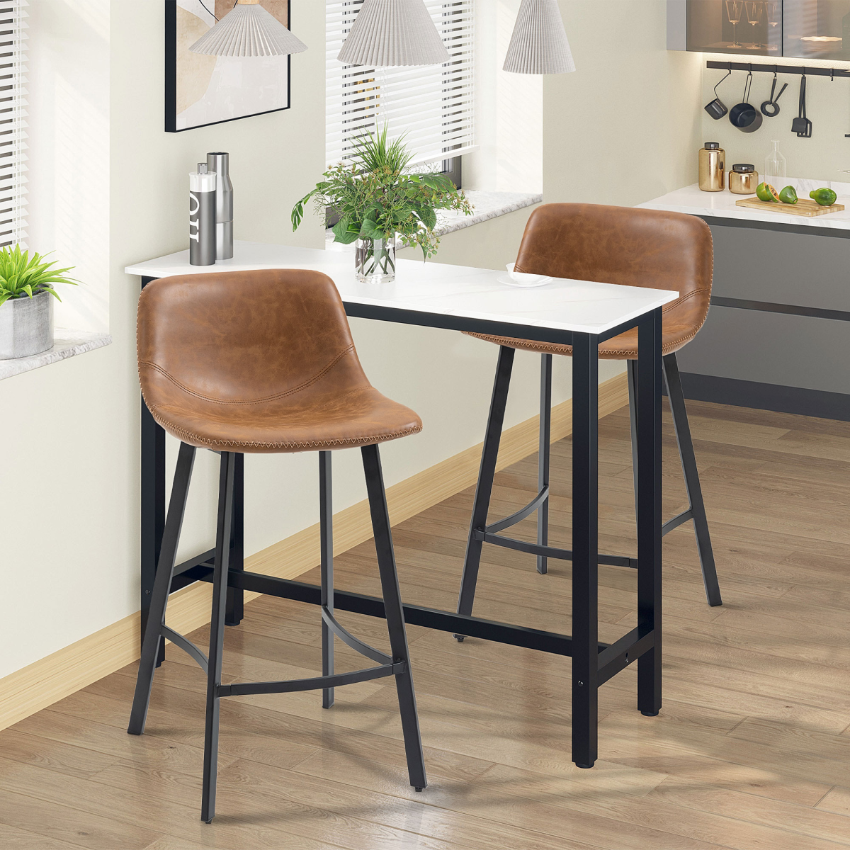 HOMCOM Industrial Bar Stools Set of 2, Bar Chairs with Steel Legs, Brown