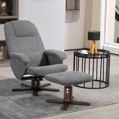 HOMCOM Swivel Recliner Chair and Footstool Linen-touch Fabric Wooden Base, Grey