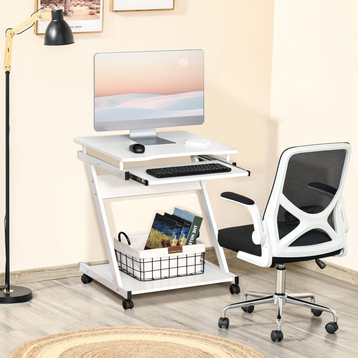 White Mobile Computer Desk with Sliding Keyboard Tray and 4 Wheels