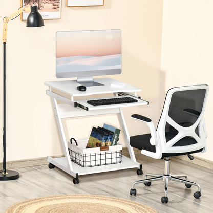 White Mobile Computer Desk with Sliding Keyboard Tray and 4 Wheels