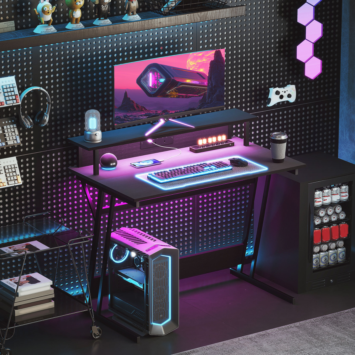 HOMCOM LED Gaming Desk with RGB Lights, Power Outlets & Monitor Stand 100x60cm