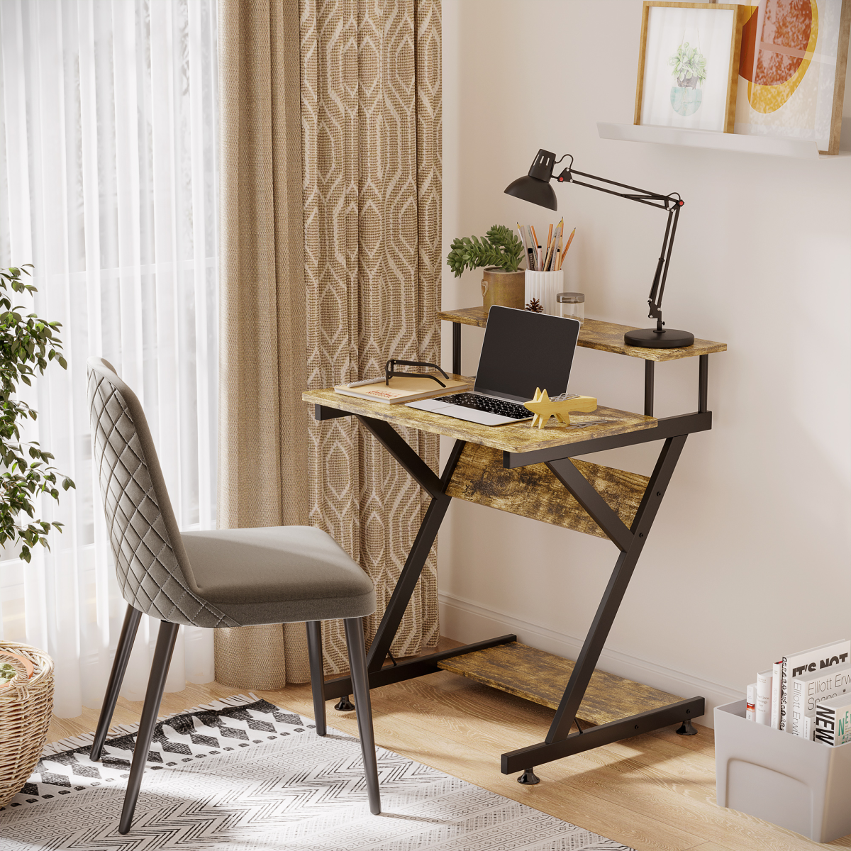 R-Shaped Brown Computer Desk with Monitor Shelf, Storage & Z-Frame