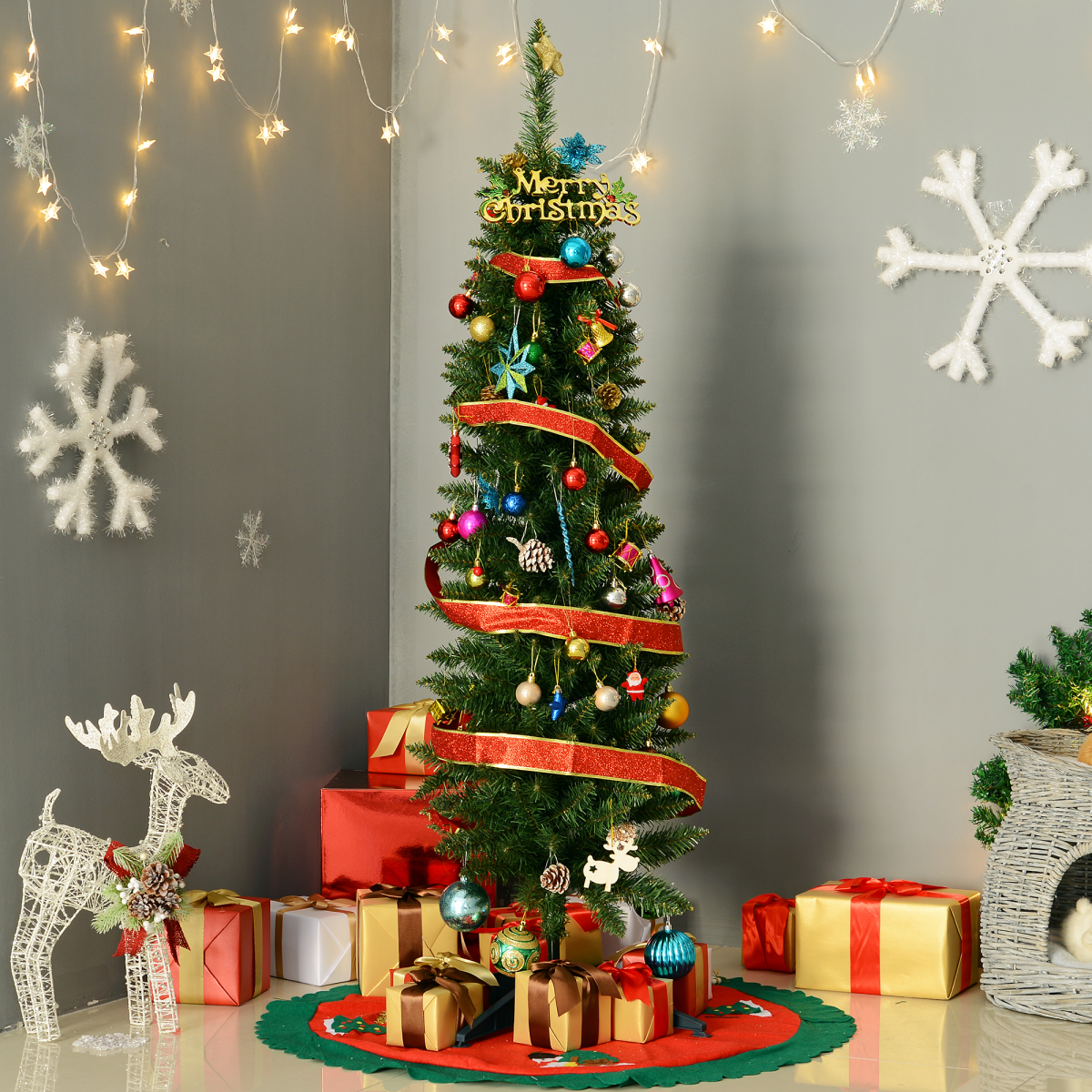 1.5m Slim Pencil Christmas Tree, 294 Tips, Stand, Flame-Retardant PVC Leaves