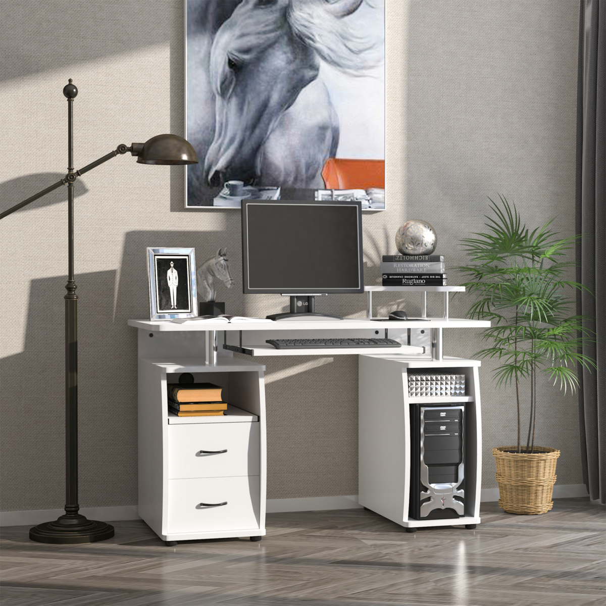HOMCOM White Computer Desk with Keyboard Tray, Drawer & Monitor Shelf