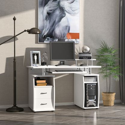 HOMCOM White Computer Desk with Keyboard Tray, Drawer & Monitor Shelf