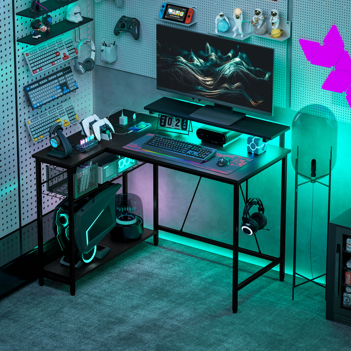 HOMCOM L-Shaped Gaming Desk with LED Lights & Built-in USB/Outlets
