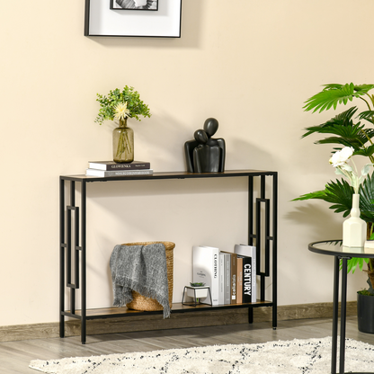 Industrial Console Table with Metal Frame - Rustic Brown/Black, 2 Shelves
