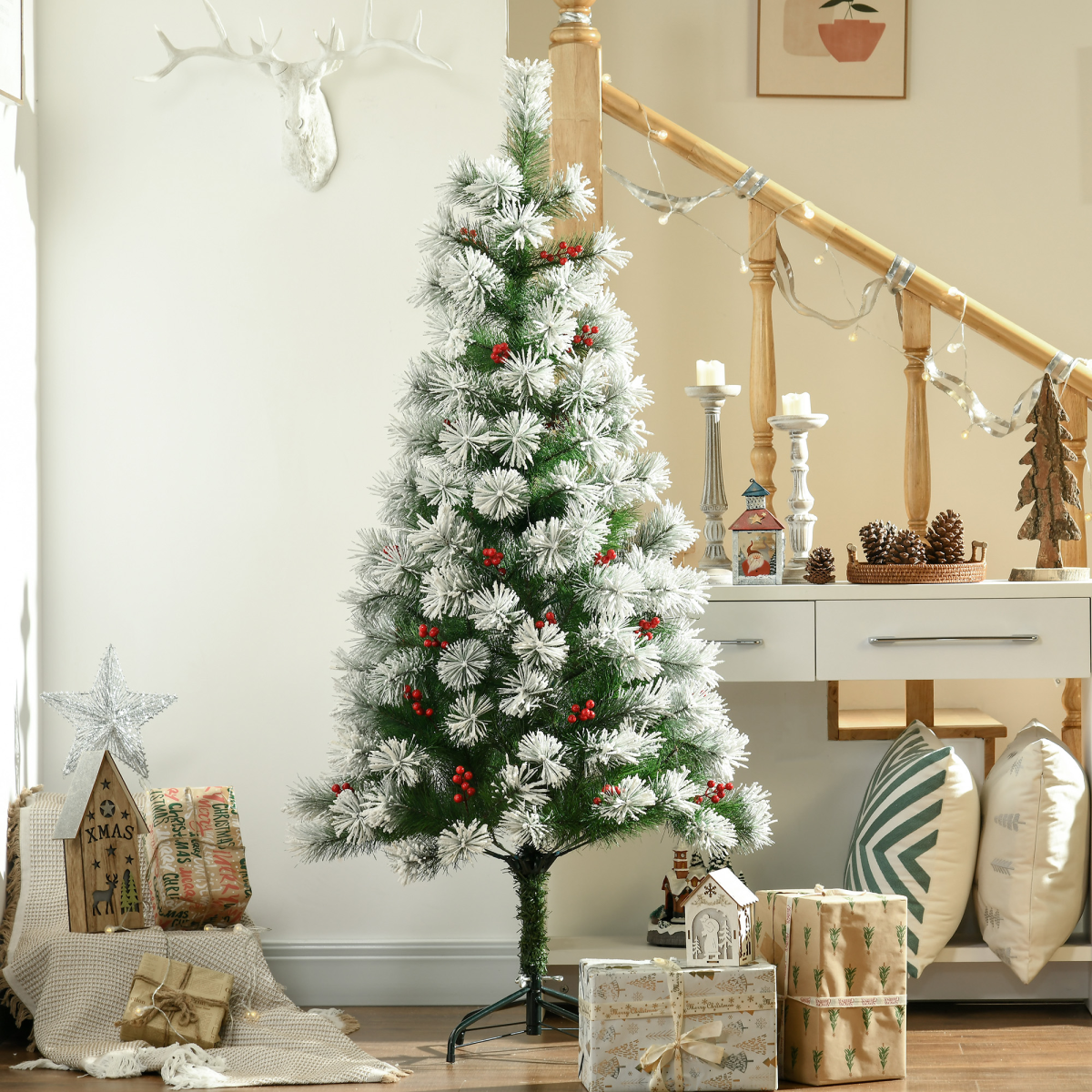 5ft Indoor Artificial Xmas Tree with Berry Decor, 184 PET Tips & Metal Stand