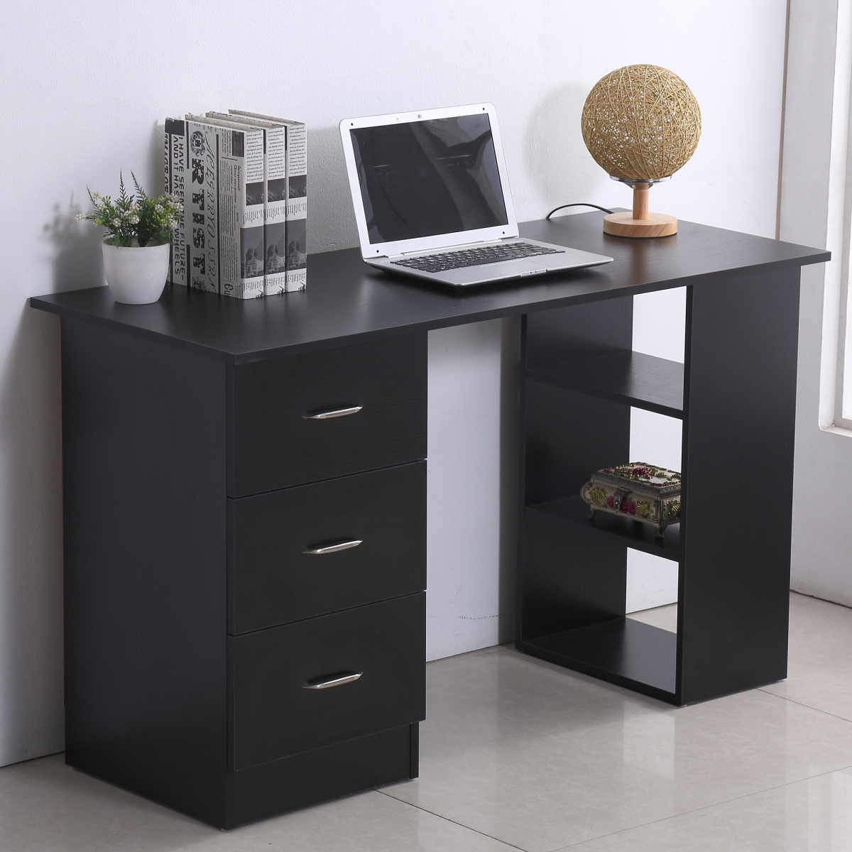 120cm Black Computer Desk with 3-Shelf Storage & Drawers