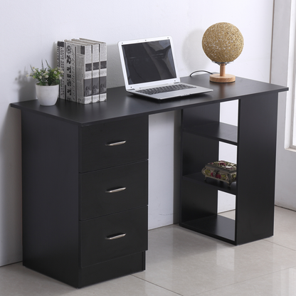 120cm Black Computer Desk with 3-Shelf Storage & Drawers
