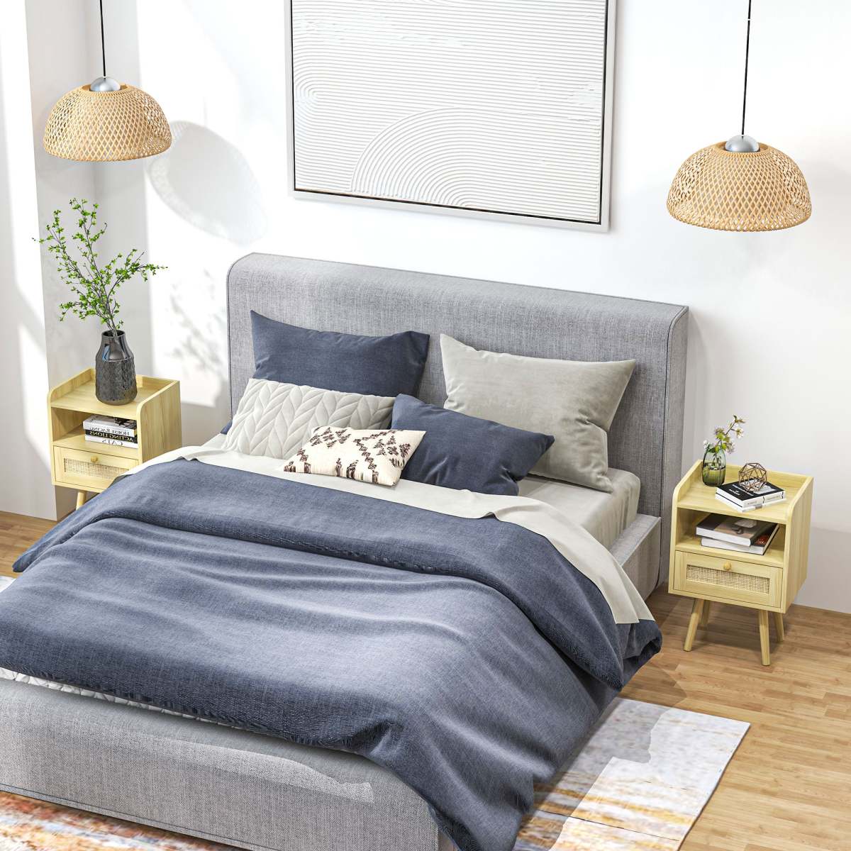 Bedside Tables, Set of 2, Boho Side End Table w/ Drawer, Storage Compartment