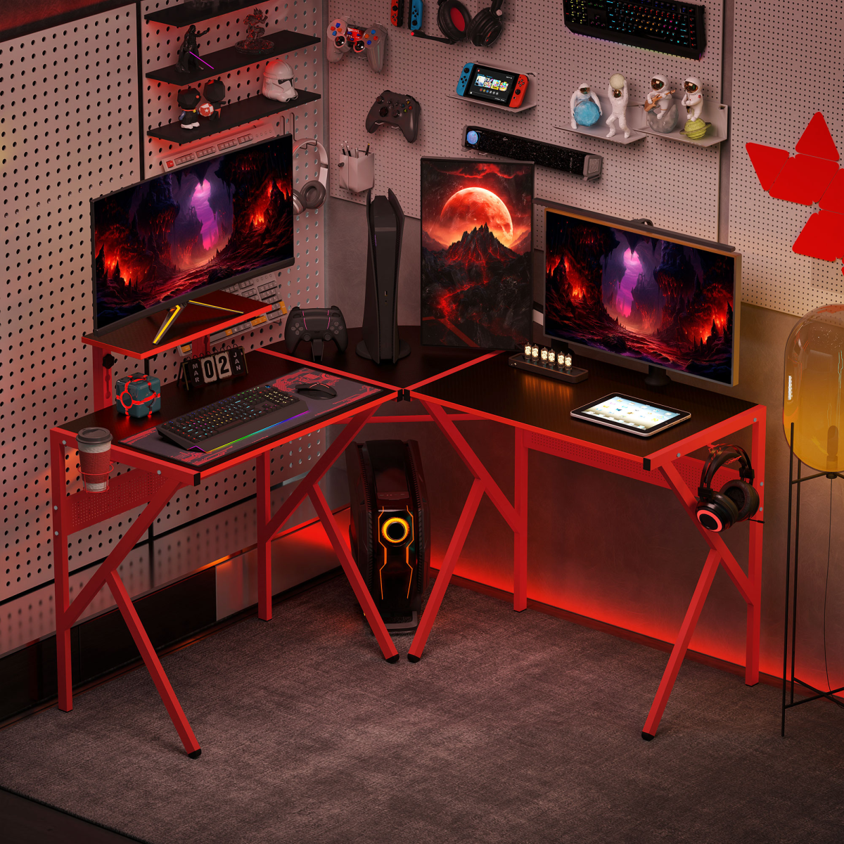 Red L-Shaped Gaming Desk - 49.25x49.25x29.5 in, Monitor Shelf & Cup Holder
