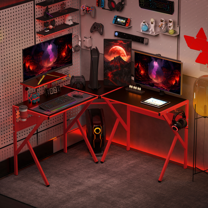 Red L-Shaped Gaming Desk - 49.25x49.25x29.5 in, Monitor Shelf & Cup Holder