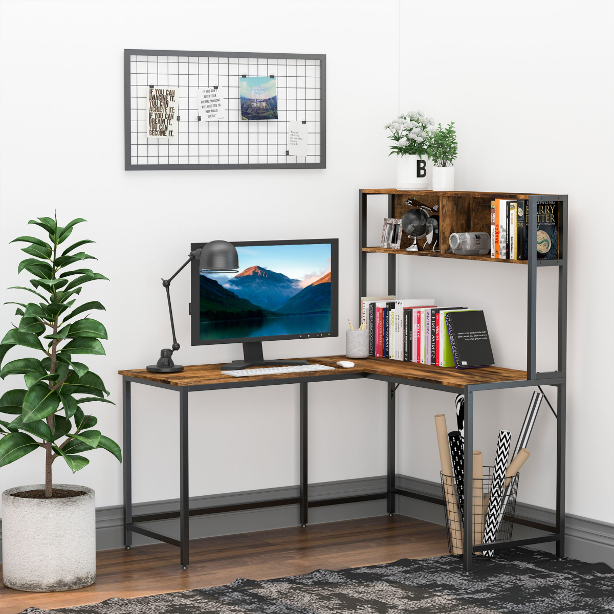 Industrial L-Shaped Desk with Shelf, 149x140x125cm, Brown & Black
