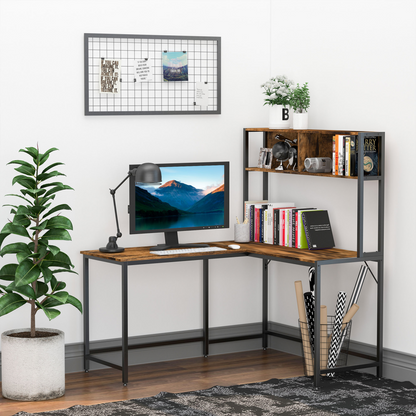 Industrial L-Shaped Desk with Shelf, 149x140x125cm, Brown & Black