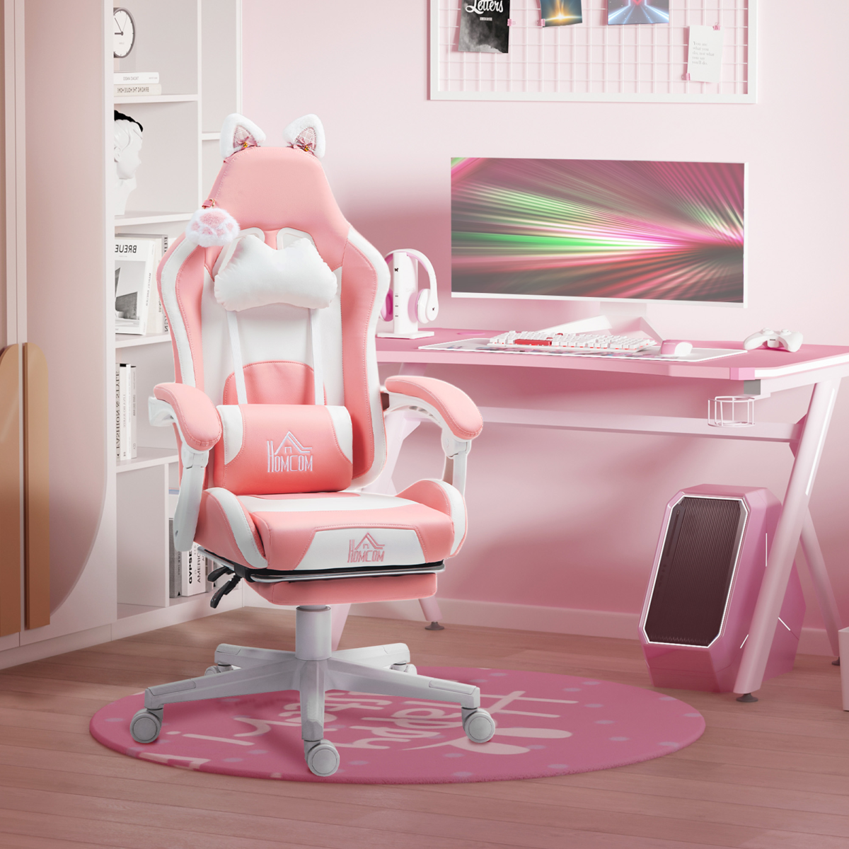 HOMCOM Gaming Chair with Footrest, Reclining Computer Chair, Pink