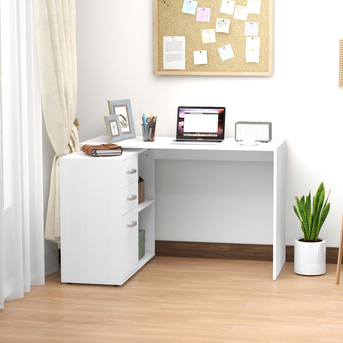 White Convertible L-Shape Desk with Drawers & File Cabinet