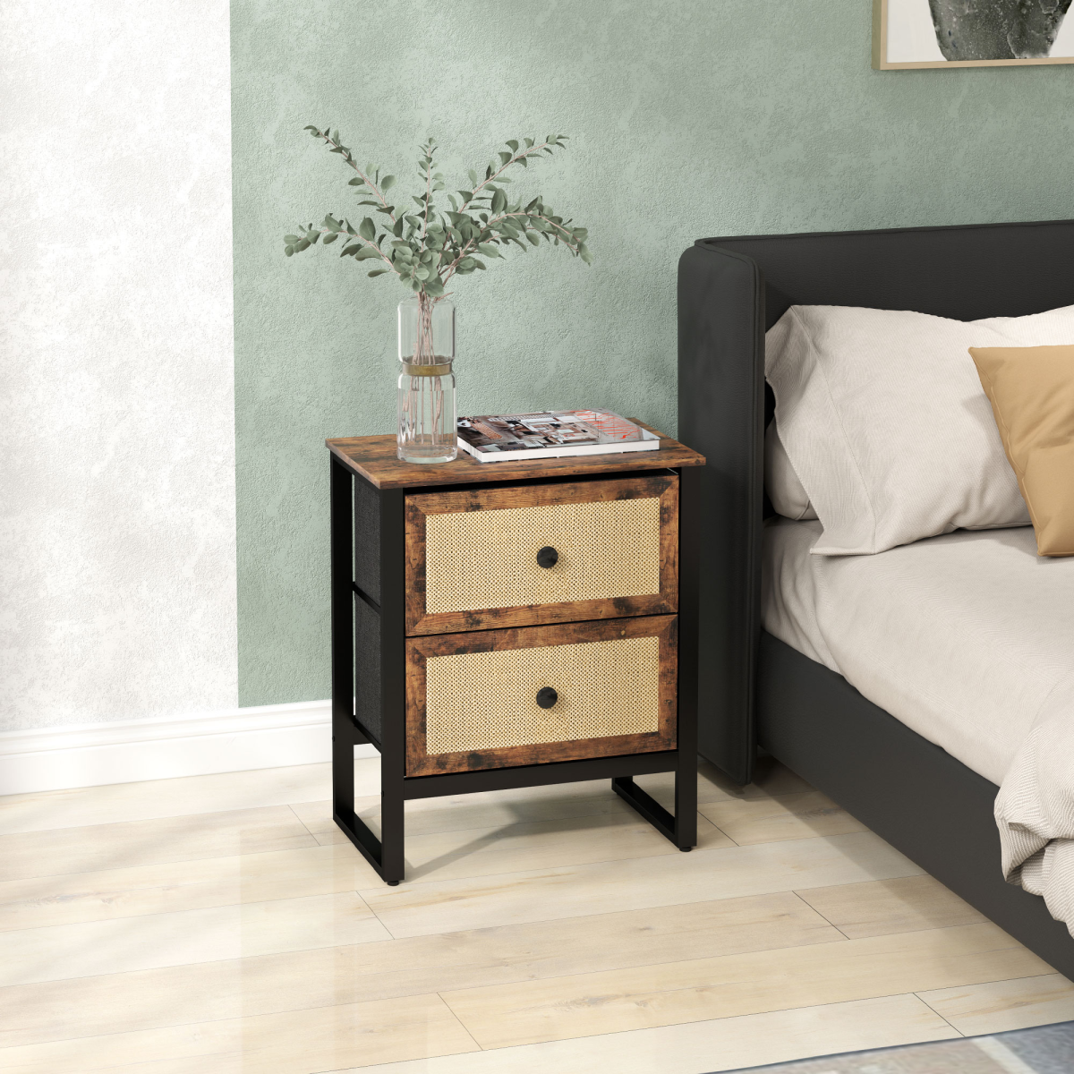HOMCOM Bedside Table with 2 Rattan Drawers and Steel Legs, Rustic Brown