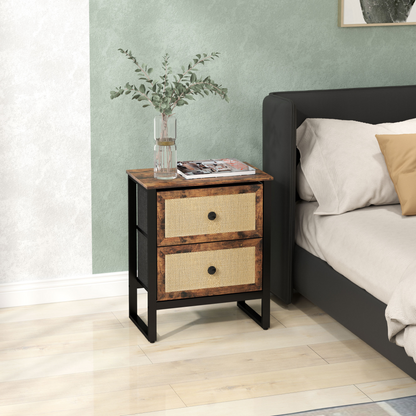 HOMCOM Bedside Table with 2 Rattan Drawers and Steel Legs, Rustic Brown