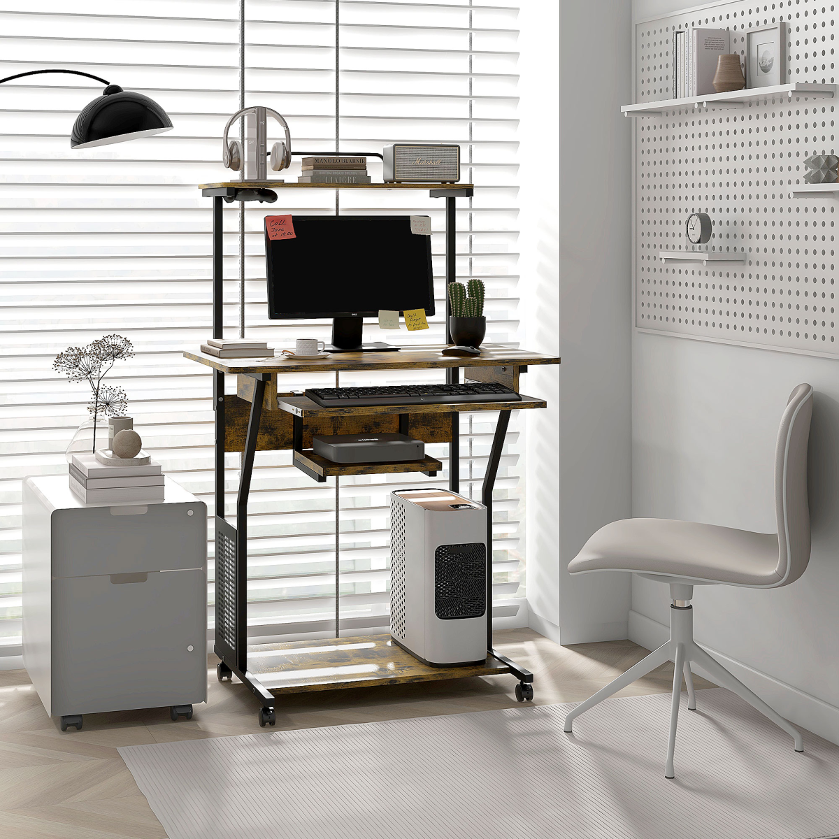 HOMCOM Rolling Computer Desk with Keyboard Tray & Storage Shelves Rustic Brown