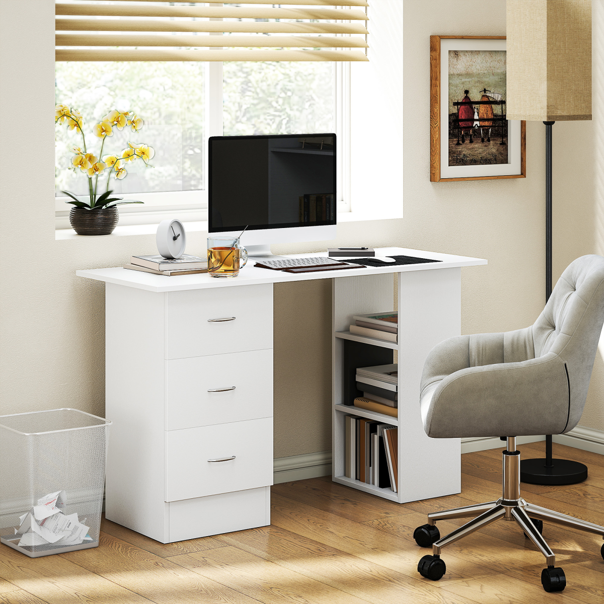 HOMCOM 120cm White PC Desk with 3 Shelves & Drawers