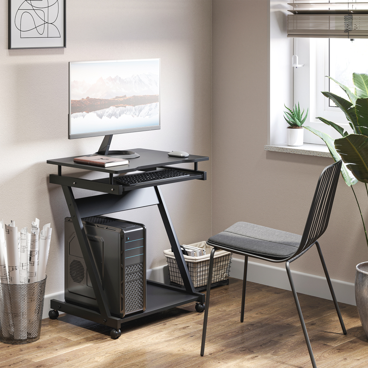 Rolling Computer Desk with Sliding Keyboard Tray - Black, 4 Wheels