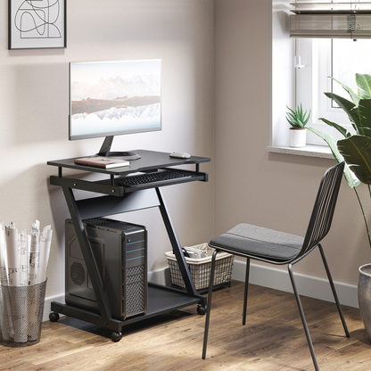 Rolling Computer Desk with Sliding Keyboard Tray - Black, 4 Wheels