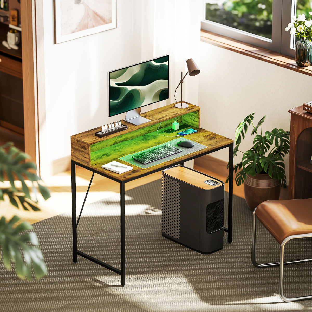 HOMCOM LED Lighted Computer Desk with Shelf - Remote & Rustic Brown