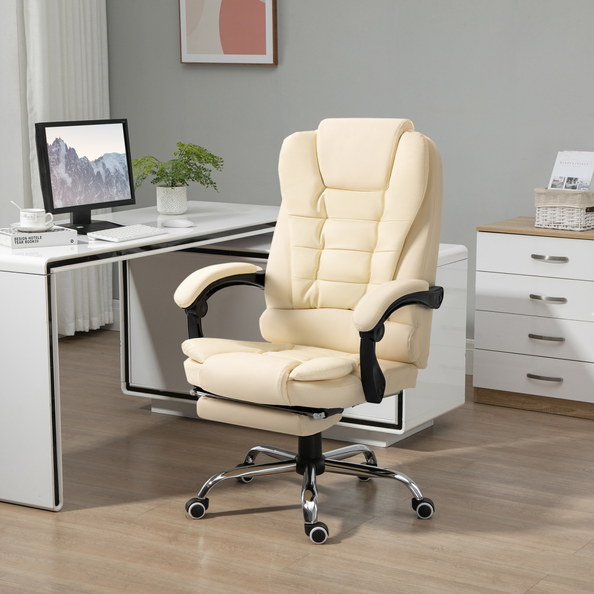 HOMCOM Executive Office Chair, Recliner Computer Chair with Footrest, Cream