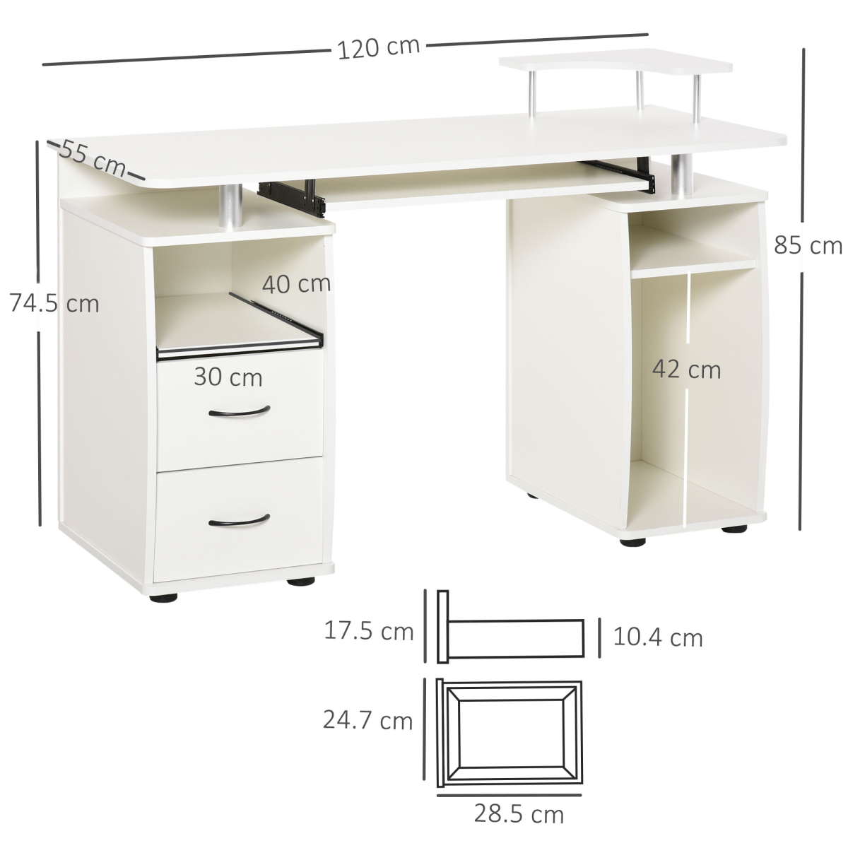 HOMCOM White Computer Desk with Keyboard Tray, Drawer & Monitor Shelf