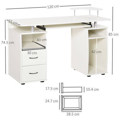 HOMCOM White Computer Desk with Keyboard Tray, Drawer & Monitor Shelf