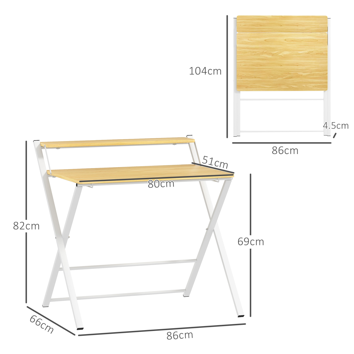 HOMCOM Folding Desk with 2-Tier Shelf - Space-Saving Maple Wood-Effect