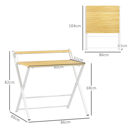 HOMCOM Folding Desk with 2-Tier Shelf - Space-Saving Maple Wood-Effect