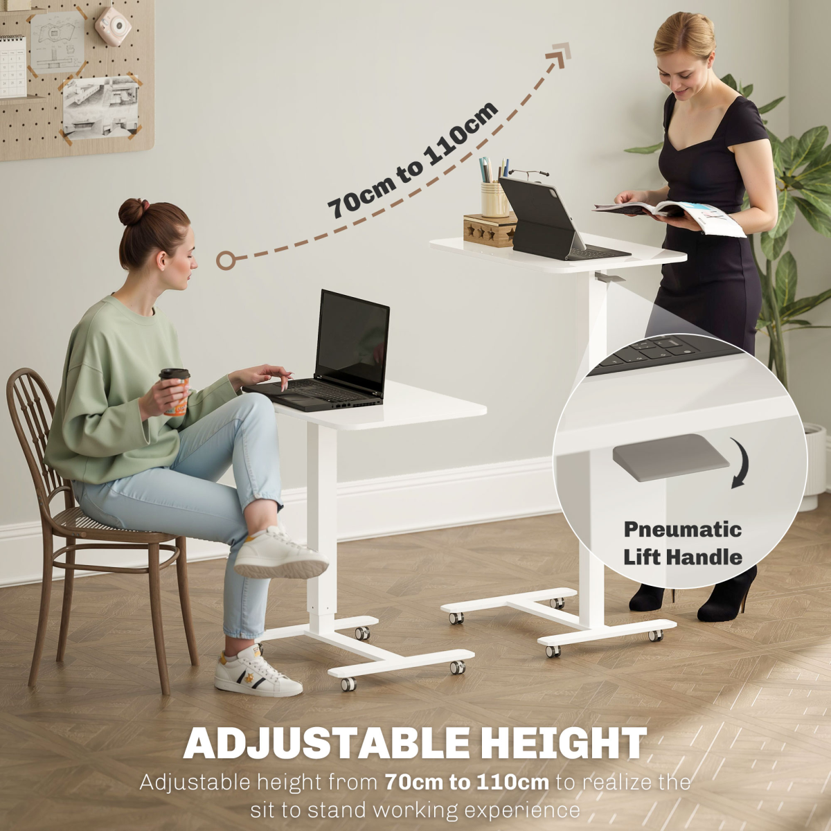 HOMCOM Height-Adjustable Standing Desk on Wheels, White