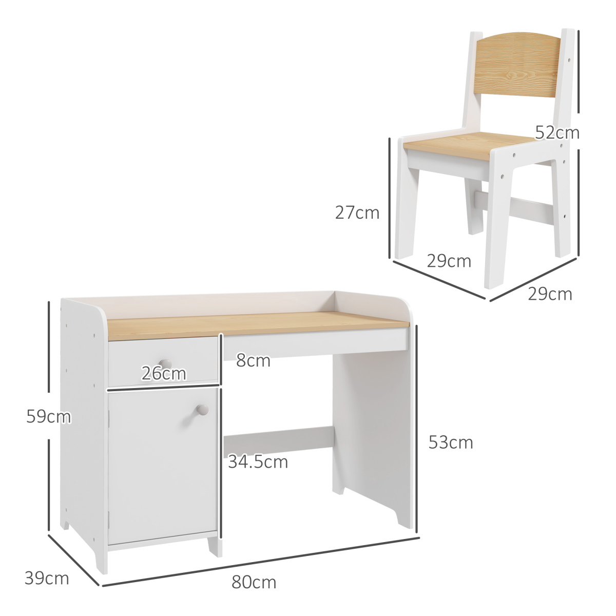 ZONEKIZ Durable White Kids Desk & Chair Set with Storage Drawer for Ages 3-6