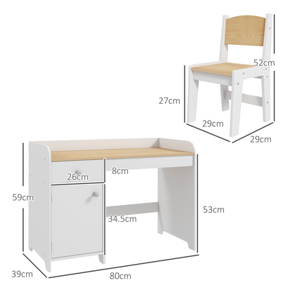 ZONEKIZ Durable White Kids Desk & Chair Set with Storage Drawer for Ages 3-6