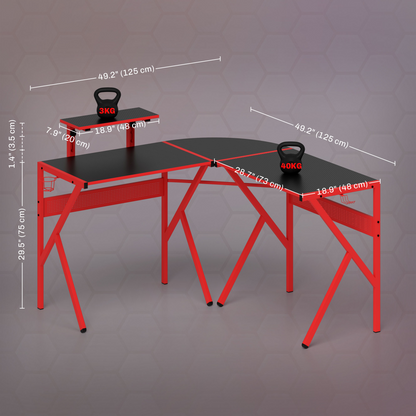 Red L-Shaped Gaming Desk - 49.25x49.25x29.5 in, Monitor Shelf & Cup Holder