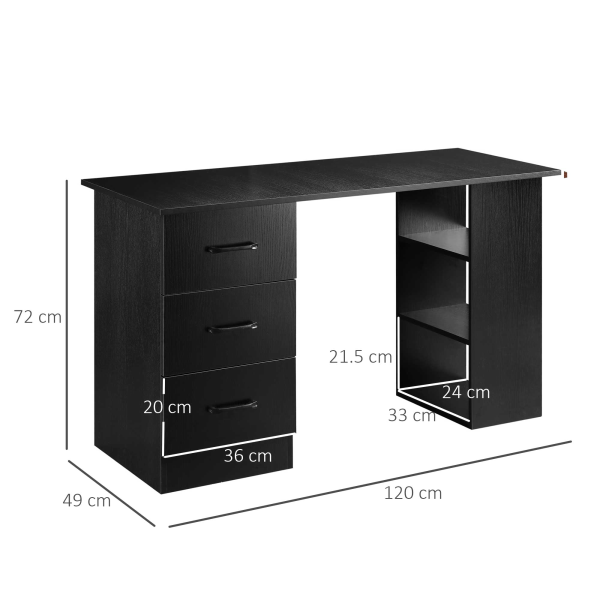 120cm Black Computer Desk with Drawers & Open Shelves, Left/Right Config