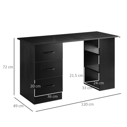 120cm Black Computer Desk with Drawers & Open Shelves, Left/Right Config