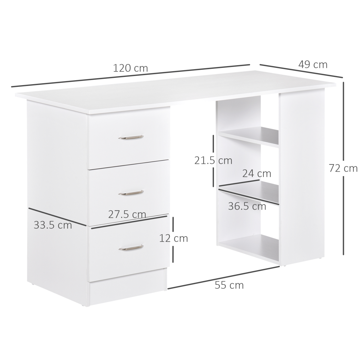 120cm White Computer Desk with 3 Shelves & Drawers - PC Table